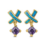 New Design Cross Stud Earring Created Opal Princess Simulated Amethyst CZ 925 Sterling Silver (20mm)