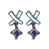 New Design Cross Stud Earring Created Opal Princess Simulated Amethyst CZ 925 Sterling Silver (20mm)