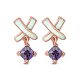 New Design Cross Stud Earring Created Opal Princess Simulated Amethyst CZ 925 Sterling Silver (20mm)