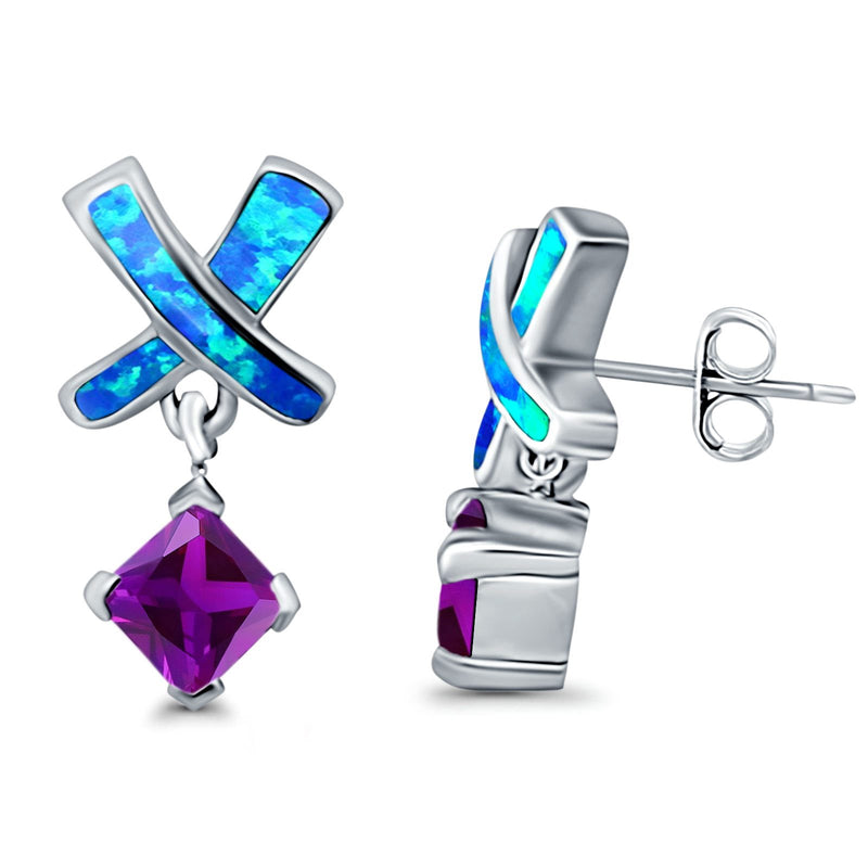 X CrissCross Stud Earrings Created Opal  Amethyst CZ 925 Sterling Silver (20mm)