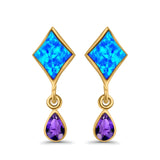 Square Stud Earrings Created Opal Pear Simulated Amethyst CZ 925 Sterling Silver (24mm)