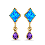 Square Stud Earrings Created Opal Pear Simulated Amethyst CZ 925 Sterling Silver (24mm)