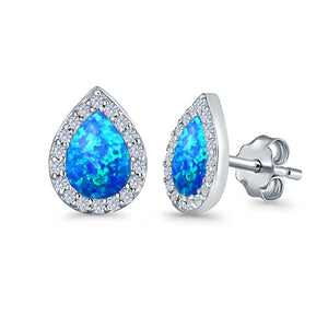 Halo Pear Stud Earrings Lab Created Opal Simulated CZ 925 Sterling Silver (11mm)