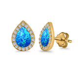 Halo Pear Stud Earrings Lab Created Opal Simulated CZ 925 Sterling Silver (11mm)