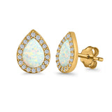 Halo Pear Stud Earrings Lab Created Opal Simulated CZ 925 Sterling Silver (11mm)