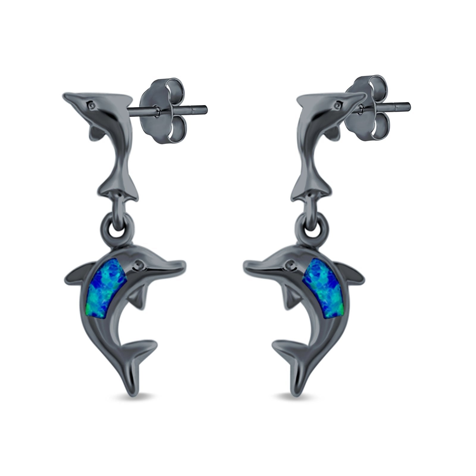Dangling Dolphin Stud Earrings Created Opal 925 Sterling Silver (23mm)