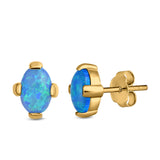 Solitaire Oval Stud Earrings Created Opal 925 Sterling Silver (9mm)