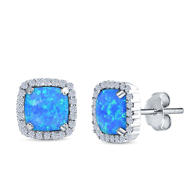 Halo Cushion Created Opal Round CZ Stud Earrings 925 Sterling Silver (11mm)