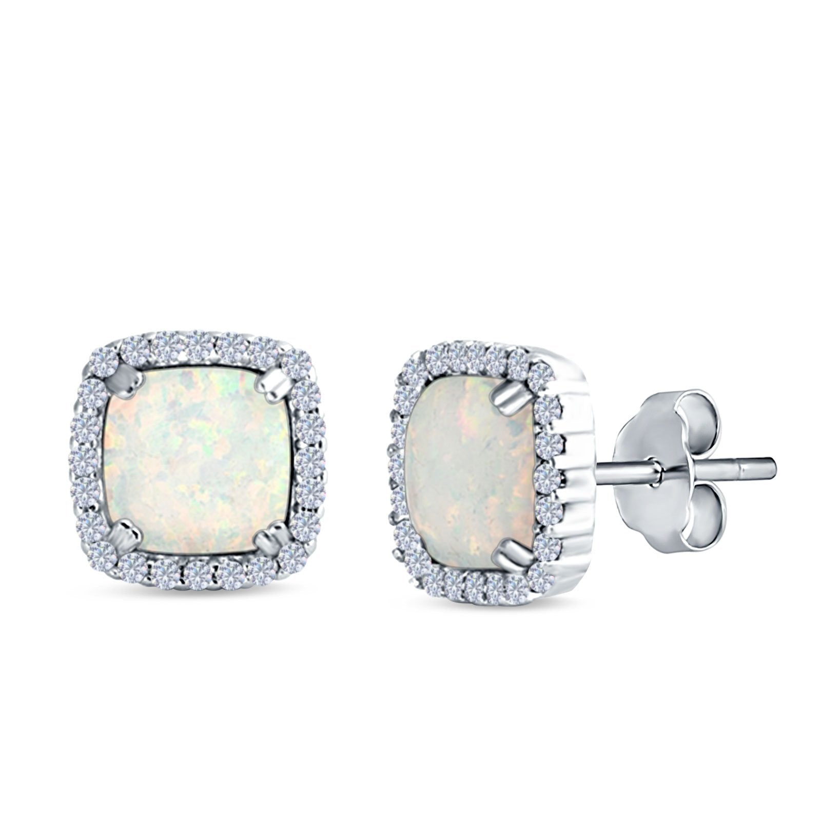 Sterling Silver Blue Cushion Square Created Opal and CZ Halo Ring Sterling Silver Blue Cushion Square Created Opal and CZ Halo Ring
