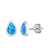 Teardrop Bezel Solitaire Pear Stud Earrings Lab Created Opal 925 Sterling Silver (7mm)