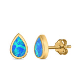 Teardrop Bezel Solitaire Pear Stud Earrings Lab Created Opal 925 Sterling Silver (7mm)