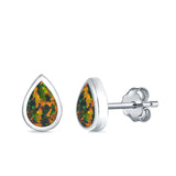 Teardrop Bezel Solitaire Pear Stud Earrings Lab Created Opal 925 Sterling Silver (7mm)