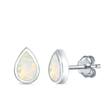 Teardrop Bezel Solitaire Pear Stud Earrings Lab Created Opal 925 Sterling Silver (7mm)
