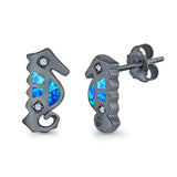 Seahorse Stud Earrings Lab Created Opal Simulated CZ 925 Sterling Silver (13mm)