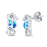 Seahorse Stud Earrings Lab Created Opal Simulated CZ 925 Sterling Silver (13mm)