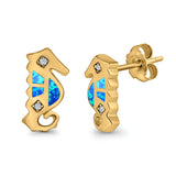 Seahorse Stud Earrings Lab Created Opal Simulated CZ 925 Sterling Silver (13mm)