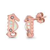 Seahorse Stud Earrings Lab Created Opal Simulated CZ 925 Sterling Silver (13mm)