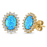 Halo Oval Stud Earrings Lab Created Opal Simulated CZ 925 Sterling Silver (13mm)