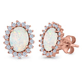 Halo Oval Stud Earrings Lab Created Opal Simulated CZ 925 Sterling Silver (13mm)
