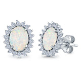 Halo Oval Stud Earrings Lab Created Opal Simulated CZ 925 Sterling Silver (13mm)