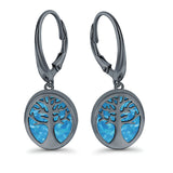 Tree of Life Dangling Leverback Earrings Created Opal 925 Sterling Silver (16mm)