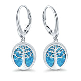 Tree of Life Dangling Leverback Earrings Created Opal 925 Sterling Silver (16mm)