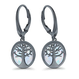 Tree of Life Dangling Leverback Earrings Created Opal 925 Sterling Silver (16mm)