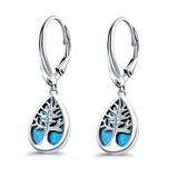 Tree of Life Dangling Leverback Earrings Created Opal 925 Sterling Silver (15mm)