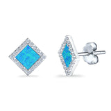 Halo Princess Stud Earrings Lab Created Opal Simulated CZ 925 Sterling Silver (14mm)