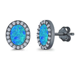 Halo Oval Stud Earrings Lab Created Opal Simulated CZ 925 Sterling Silver (11mm)