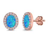 Halo Oval Stud Earrings Lab Created Opal Simulated CZ 925 Sterling Silver (11mm)