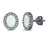Halo Oval Stud Earrings Lab Created Opal Simulated CZ 925 Sterling Silver (11mm)