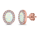 Halo Oval Stud Earrings Lab Created Opal Simulated CZ 925 Sterling Silver (11mm)