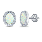 Halo Oval Stud Earrings Lab Created Opal Simulated CZ 925 Sterling Silver (11mm)