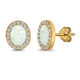 Halo Oval Stud Earrings Lab Created Opal Simulated CZ 925 Sterling Silver (11mm)
