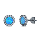 Halo Circle Stud Earrings Lab Created Opal Round Simulated CZ 925 Sterling Silver (14mm)