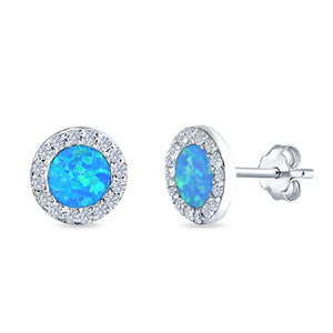 Halo Circle Stud Earrings Lab Created Opal Round Simulated CZ 925 Sterling Silver (14mm)