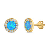 Halo Circle Stud Earrings Lab Created Opal Round Simulated CZ 925 Sterling Silver (14mm)