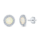 Halo Circle Stud Earrings Lab Created Opal Round Simulated CZ 925 Sterling Silver (14mm)
