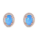 Halo Art Deco Oval Stud Earring Simulated Cubic Zirconia Created Opal Solid 925 Sterling Silver (15mm)