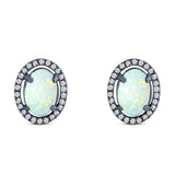 Halo Art Deco Oval Stud Earring Simulated Cubic Zirconia Created Opal Solid 925 Sterling Silver (15mm)