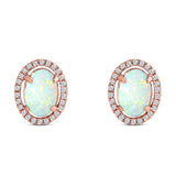 Halo Art Deco Oval Stud Earring Simulated Cubic Zirconia Created Opal Solid 925 Sterling Silver (15mm)