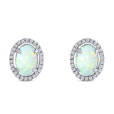 Halo Art Deco Oval Stud Earring Simulated Cubic Zirconia Created Opal Solid 925 Sterling Silver (15mm)