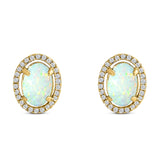 Halo Art Deco Oval Stud Earring Simulated Cubic Zirconia Created Opal Solid 925 Sterling Silver (15mm)