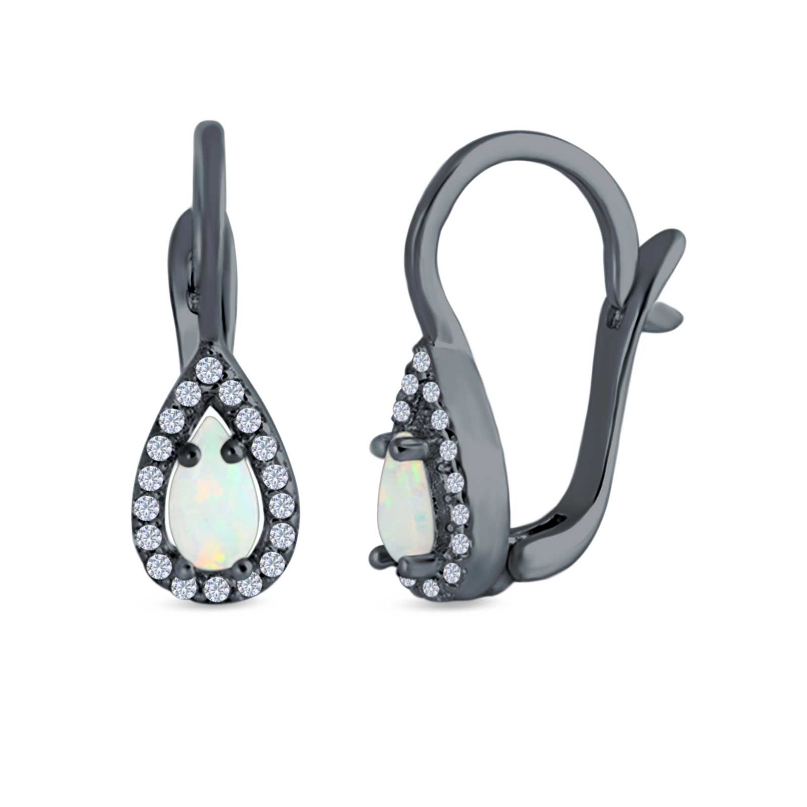 Halo Latchback Earrings Hoop Huggie Design Pear Created Opal Simulated CZ 925 Sterlig Silver(17mm)
