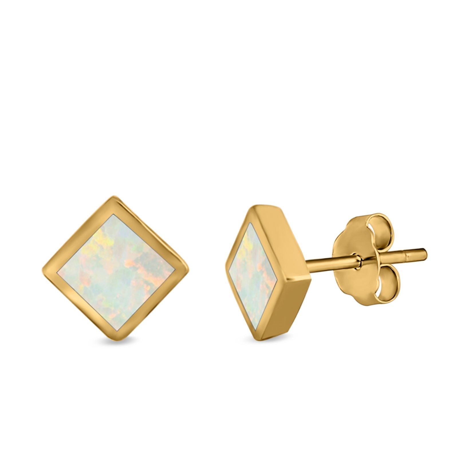 Square Solitaire Stud Earrings Created Opal 925 Sterling Silver (6mm)