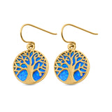 Circle Round Tree of Life Earrings Drop Dangle Created Opal 925 Sterling Silver(20mm)