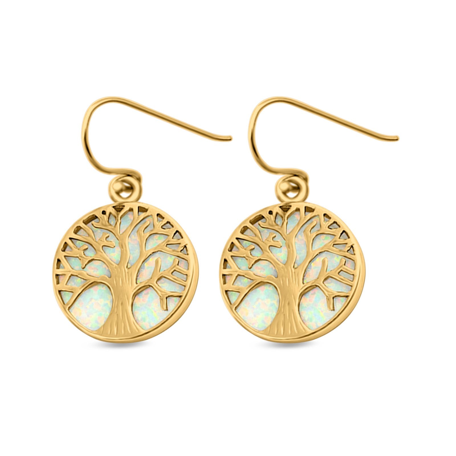 Circle Round Tree of Life Earrings Drop Dangle Created Opal 925 Sterling Silver(20mm)