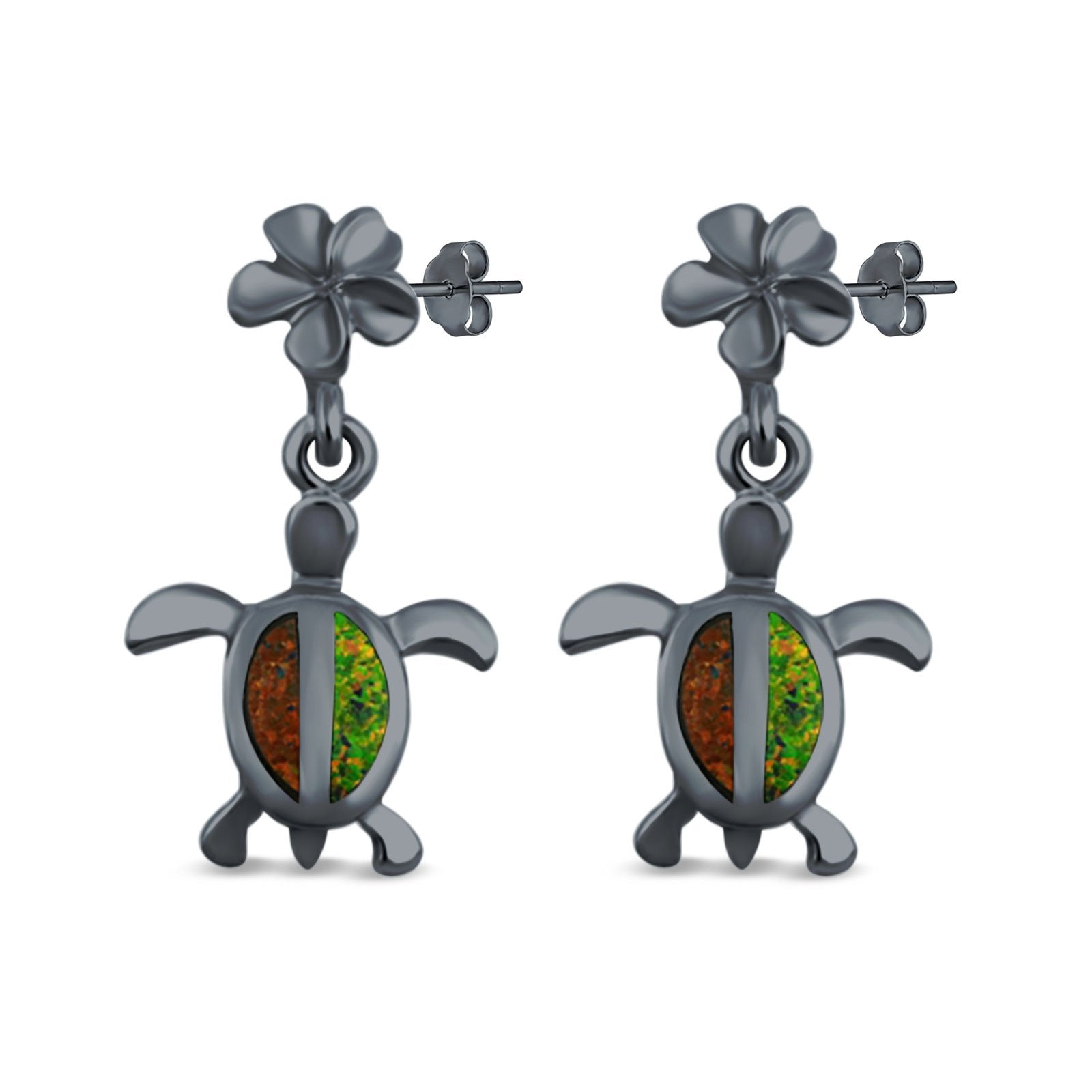 Turtle & Plumeria Stud Earrings Created Opal 925 Sterling Silver (13mm)