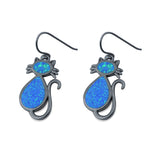 Dangling Cat Earrings Fish Hook Lab Created Opal 925 Sterling Silver (19mm)